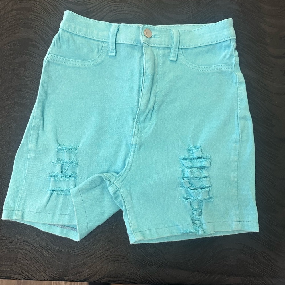 Aphrodite Blue Skorts with Distressed Detailing
